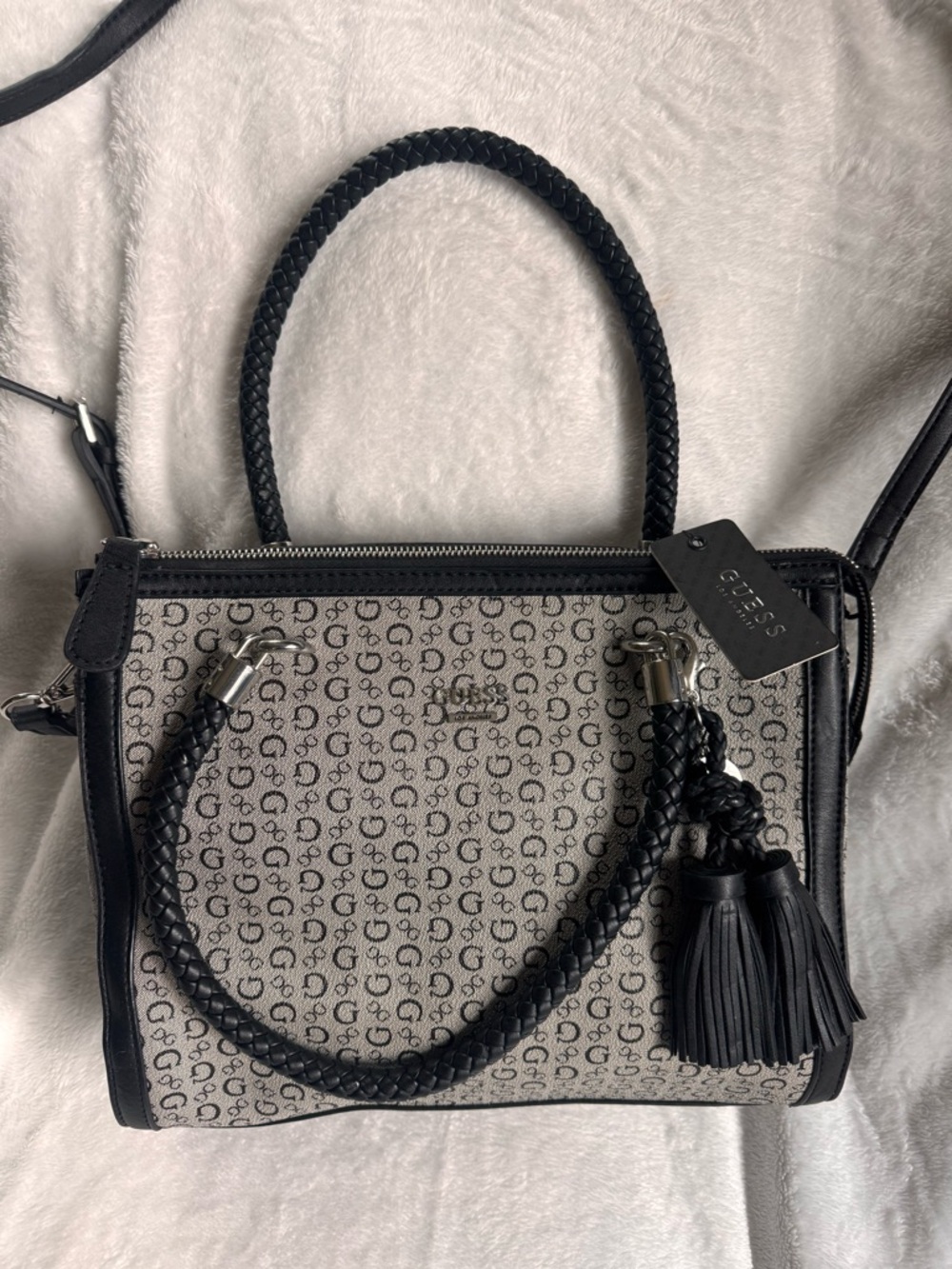 GUESS Black and Gray Logo Jacquard Satchel with Tassels